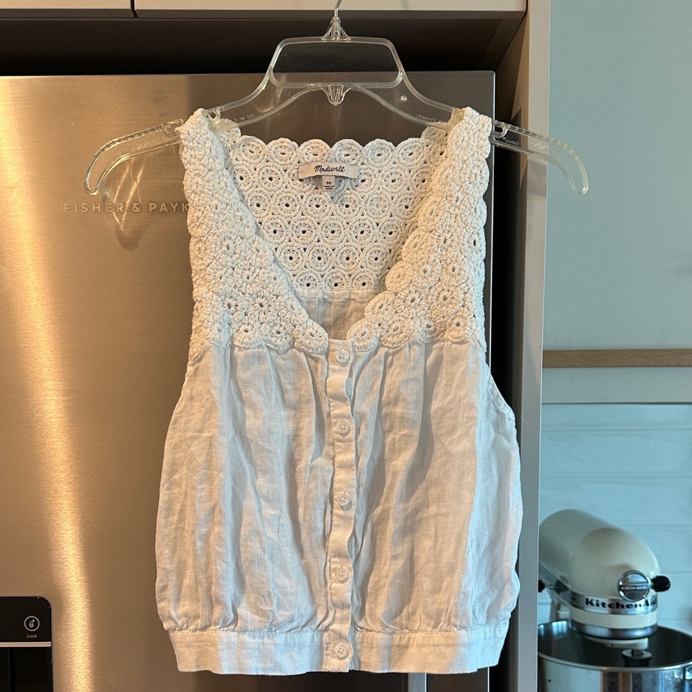 Madewell White Crochet Yoke Linen Button-Front Tank